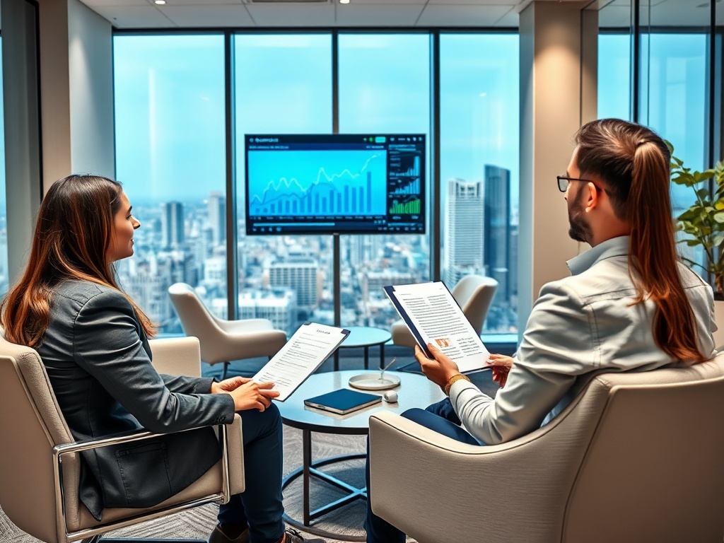 Рефинансирование ипотечного кредита Два человека в офисе обсуждают документы, на экране графики и данные о рынке, вид на город из окна.