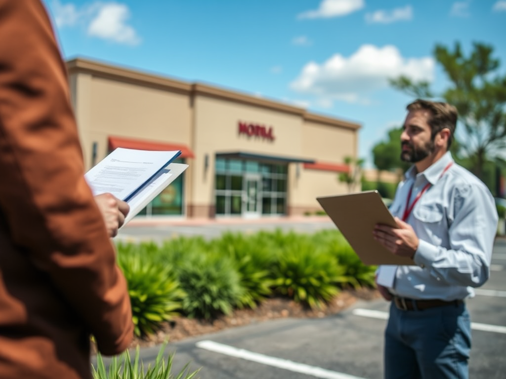 На фото двое мужчин обсуждают документы на улице, на фоне здания с вывеской "Мотель". Солнечный день, зелень вокруг.