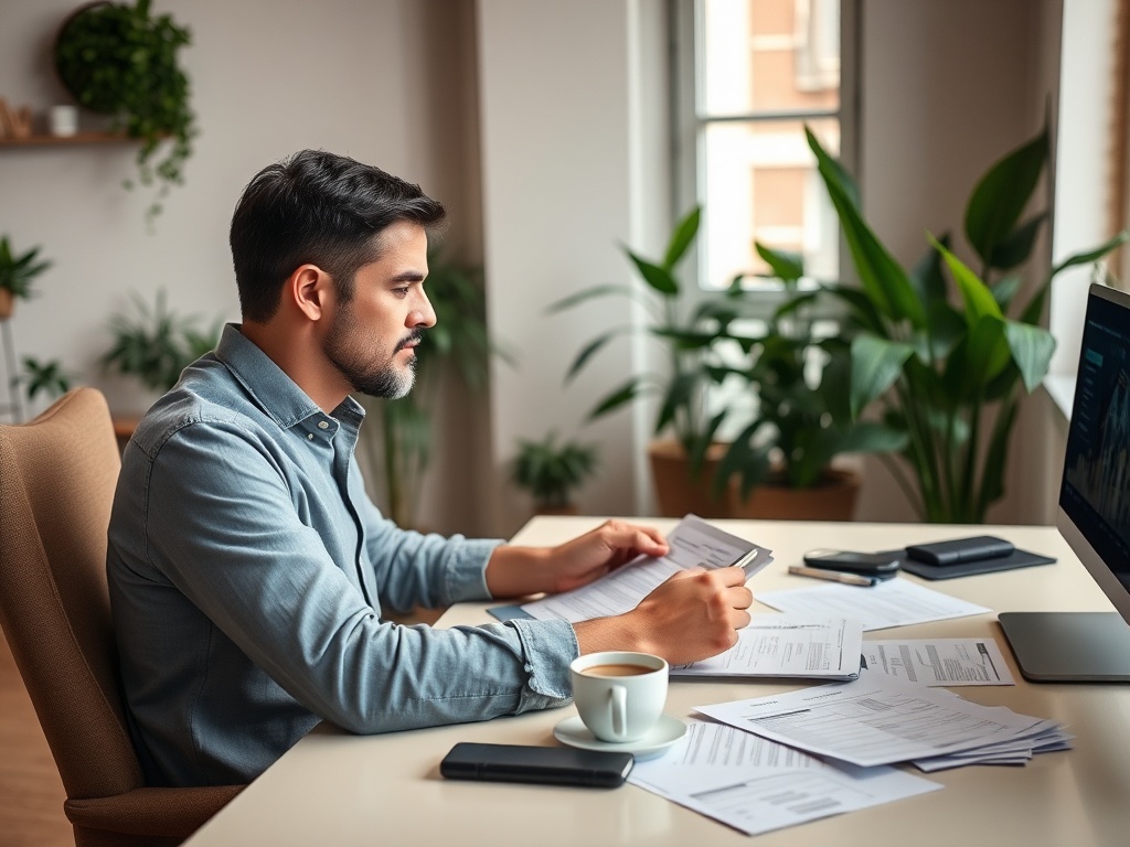 Когда лучше покупать квартиру в 2026 Мужчина работает за столом с документами, чашкой кофе и ноутбуком на фоне растений.