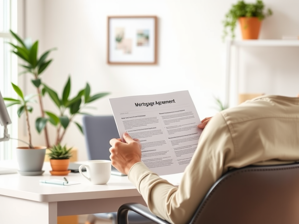 Основные ошибки при получении субсидированной ипотеки Человек читает документ с соглашением о залоге в уютном офисе с растениями. На столе чашка кофе.