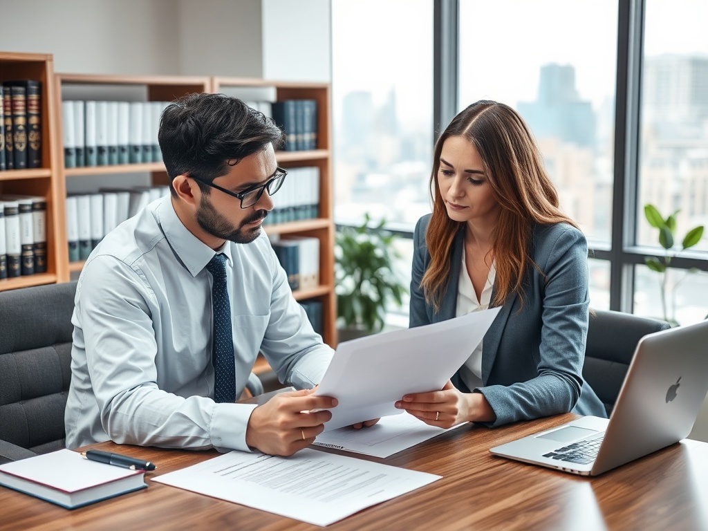 Два человека в офисе обсуждают документы, сидя за столом с ноутбуком и книгами на заднем плане.