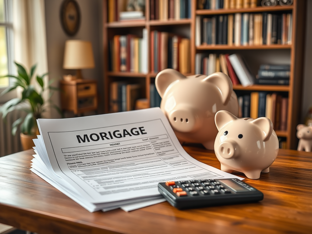 На столе лежат документы по ипотеке рядом с копилками и калькулятором. Уютный домашний офис.