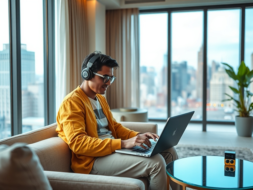 Покупка квартиры в доме с повышенными требованиями к доступности интернета Молодой человек в наушниках работает за ноутбуком, сидя на диване с городским пейзажем за окном.