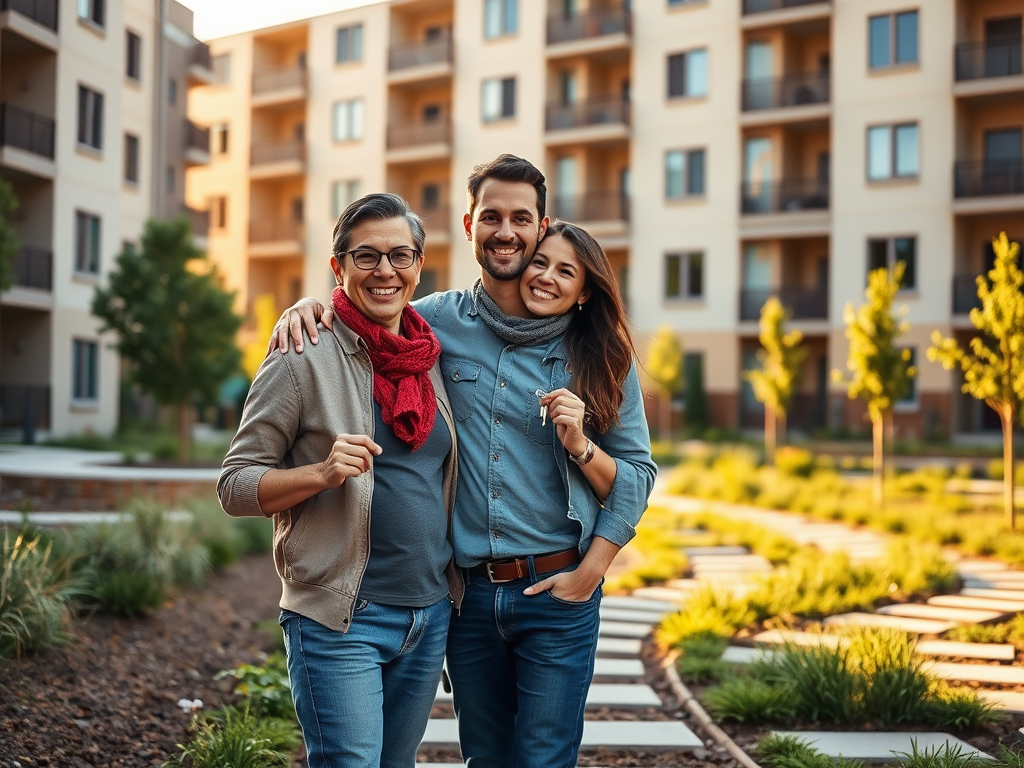 Как выбрать застройщика для покупки квартиры Группа друзей позирует на улице у современных зданий, наслаждаясь моментом в солнечный день.