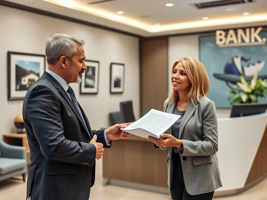 Сотрудник банка передает документы клиенту в офисе банка, оба улыбаются и ведут дружелюбный разговор.