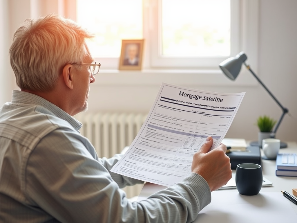 Мужчина читает ипотечный документ, сидя за столом с чашкой кофе и лампой, солнечный свет сквозь окно.