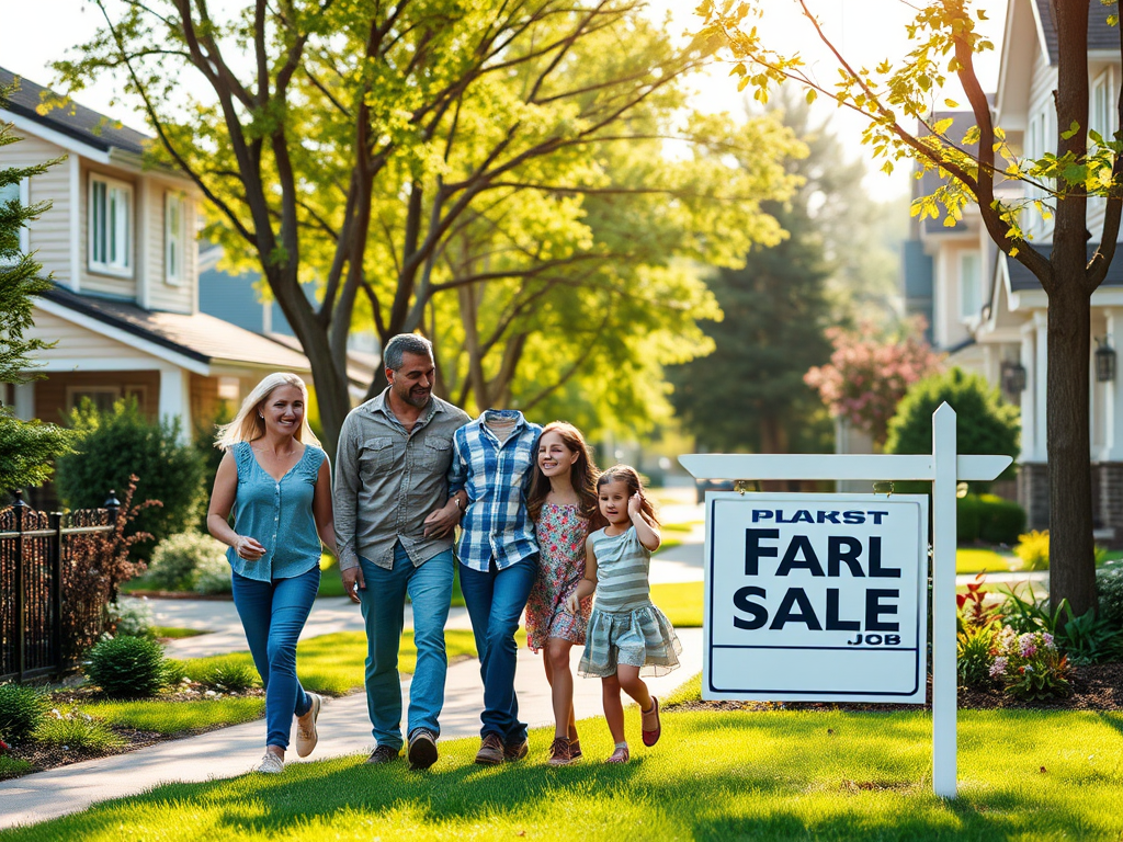 Семья гуляет по улице мимо домов, рядом с табличкой «На продаже» под ярким солнцем.