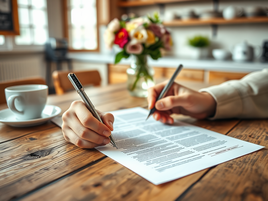 Как получить ипотеку на покупку загородного дома: важные аспекты и советы по выбору На столе с деревянной поверхностью два человека подписывают документы, рядом чашка кофе и цветы.