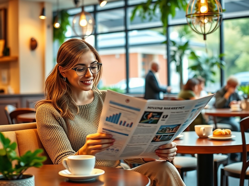Улыбающаяся женщина в кафе читает газету, рядом чашка кофе и закуска. В помещении много зелени.
