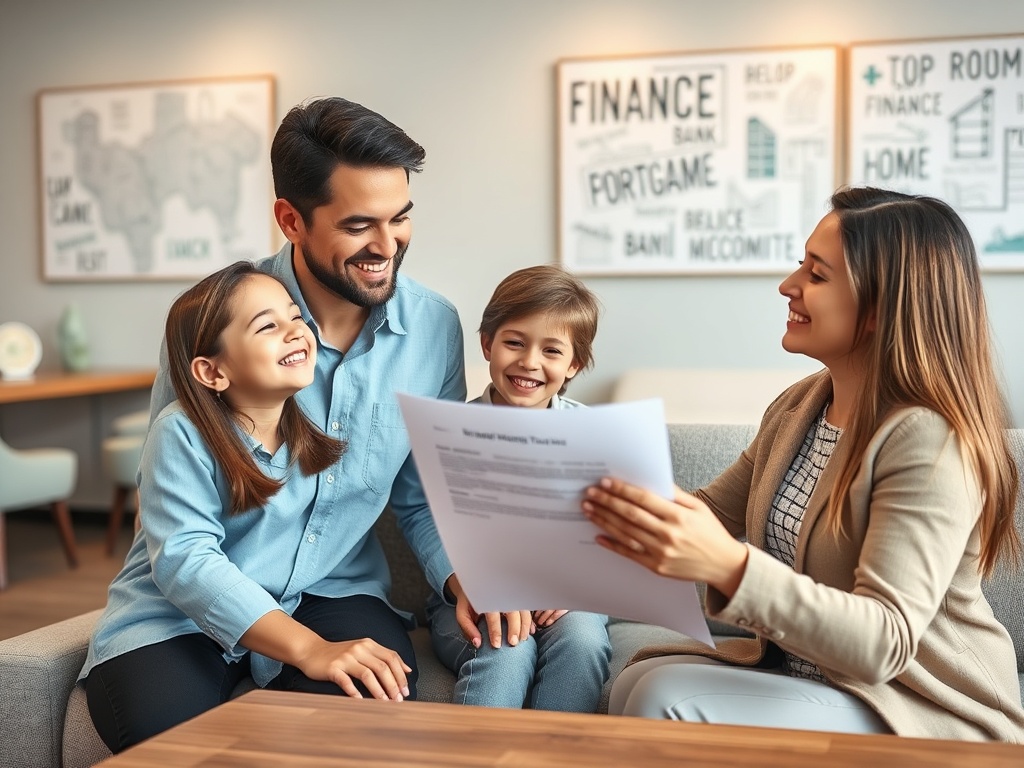 Рефинансирование ипотечного кредита Счастливая семья обсуждает какие-то документы в светлой офисной обстановке. Все улыбаются и наслаждаются моментом.