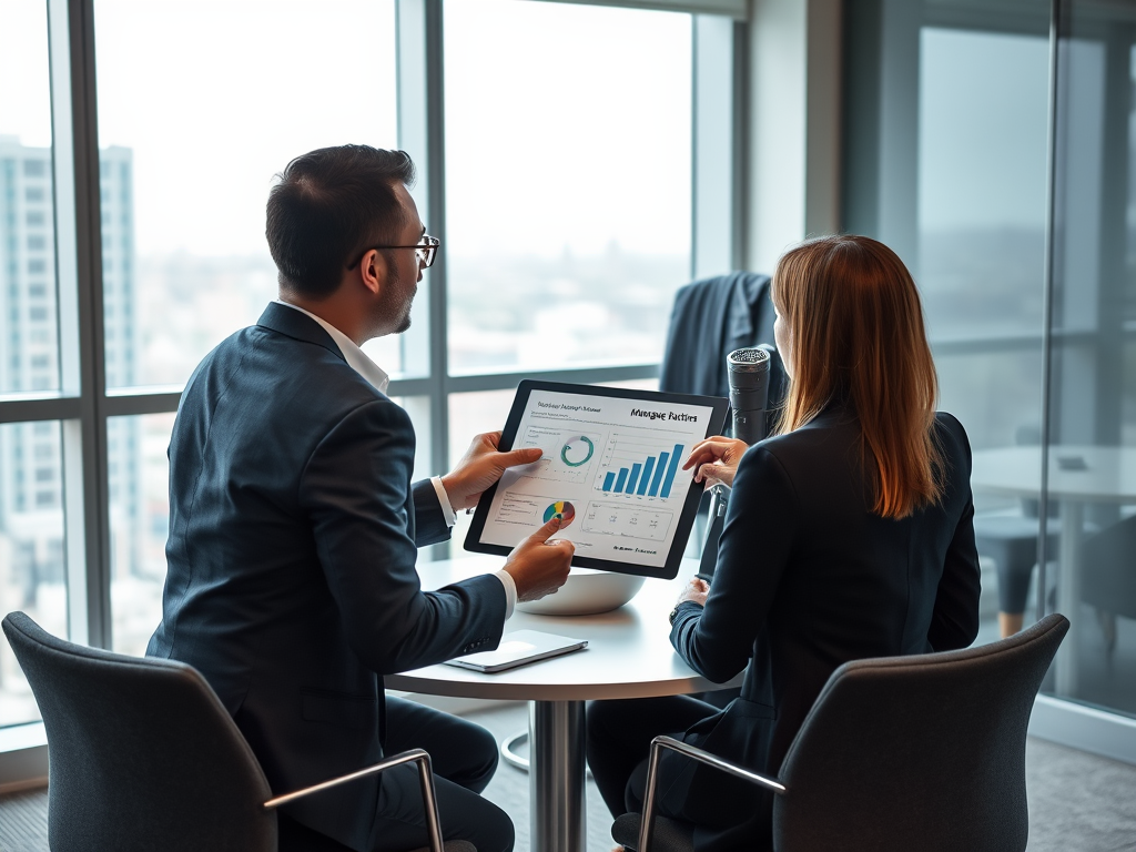 Два человека в офисе обсуждают графики и отчёты на планшете. На фоне окна виден городской пейзаж.