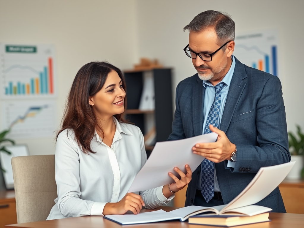 Два человека в офисе обсуждают документы, женщина улыбается, мужчина объясняет что-то на бумаге.