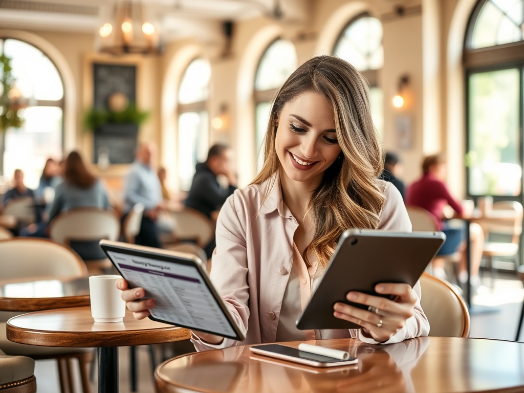Семейная ипотека в 2026: как получить Молодая женщина в кафе, читающая на планшете и улыбающаяся, рядом чашка кофе и телефон.