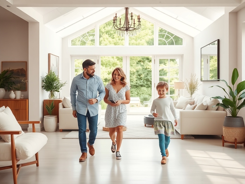 Покупка недвижимости с использованием средств от продажи долей в недвижимости Счастливая семья гуляет по светлой комнате с большими окнами и зелеными растениями.