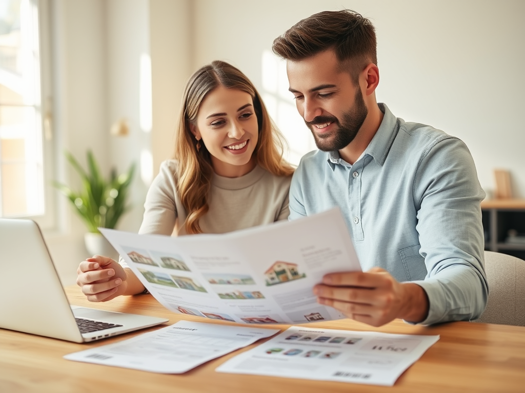 Как эффективно использовать материнский капитал при покупке квартиры Мужчина и женщина обсуждают документы, улыбаясь, сидя за столом с ноутбуком и бумагами.