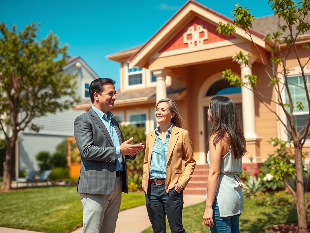 Двое людей беседуют с мужчиной у дома на фоне зелёного двора и ясного неба.