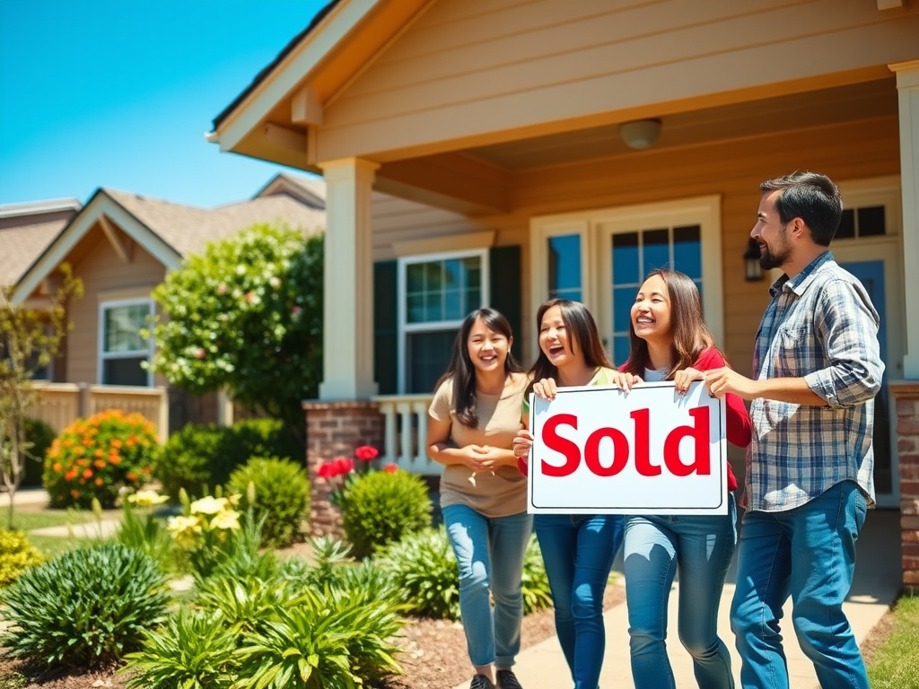 Четыре человека улыбаются и держат знак "Продано" перед новым домом на солнечном фоне.