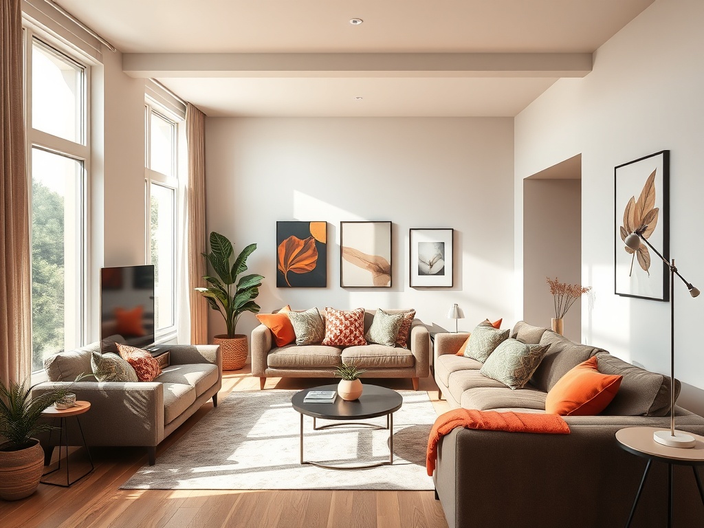 Когда лучше покупать квартиру в 2026 Современная гостиная с яркими акцентами, уютной мебелью и зелёными растениями у окон.