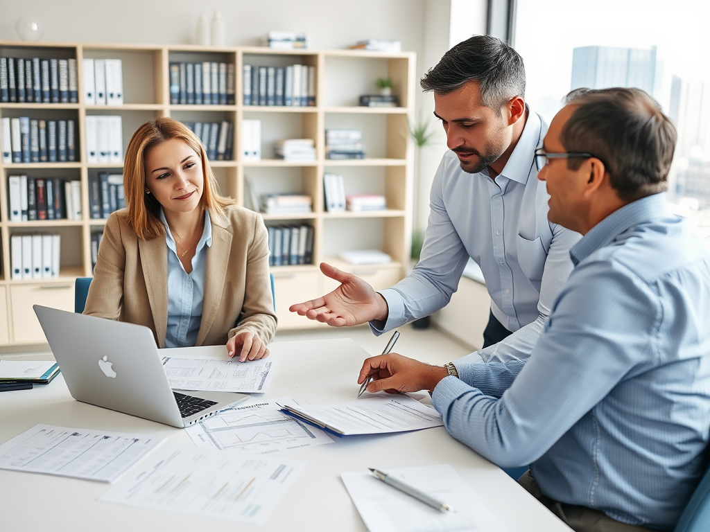 Основные ошибки при получении субсидированной ипотеки На встрече трое людей обсуждают документы и планы, сидя за столом с компьютером и бумагами.