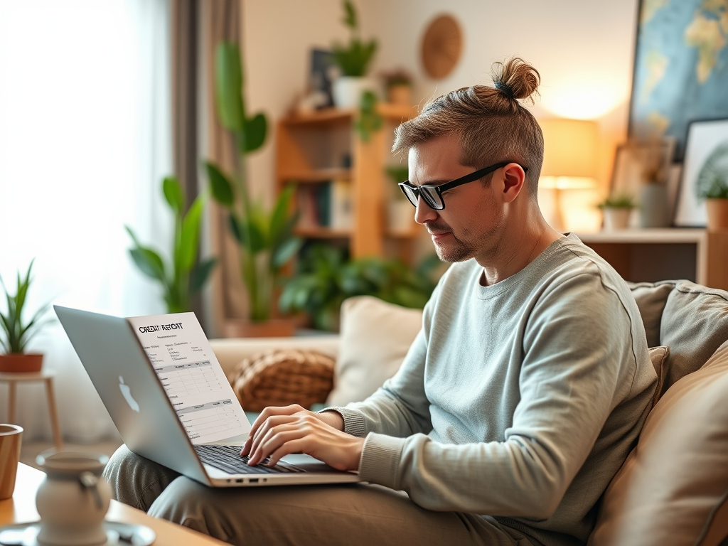 Молодой человек работает за ноутбуком в уютной комнате, на экране виден документ с кредитной историей.