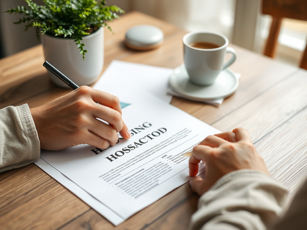 На столе лежит документ, человек пишет ручкой, рядом чашка кофе и горшок с растением.