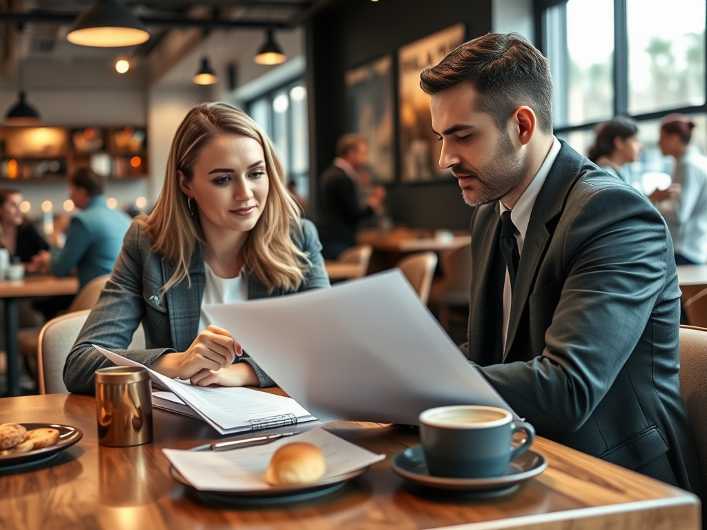 Как выбрать застройщика для покупки квартиры Два человека в деловых костюмах обсуждают документы в кафе с чашкой кофе и закусками на столе.