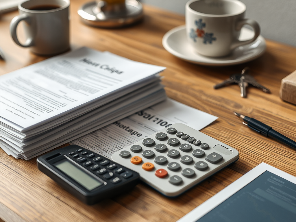 На столе лежат документы, калькулятор, ручка и чашка с кофе. Рассматриваются финансовые вопросы.