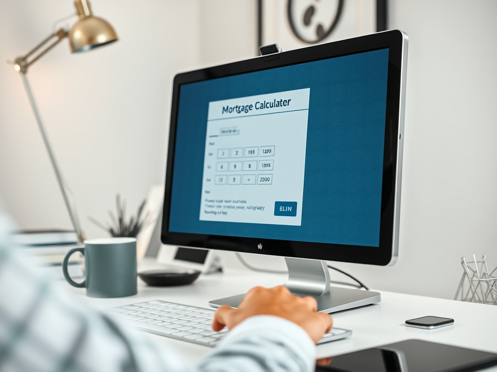 На экране отображается калькулятор ипотеки с полями для ввода данных и кнопкой "Войти".