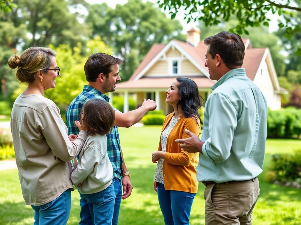 Как получить ипотеку на покупку загородного дома: важные аспекты и советы по выбору На картине группа людей беседует на траве рядом с домом, наслаждаясь теплым и солнечным днем.
