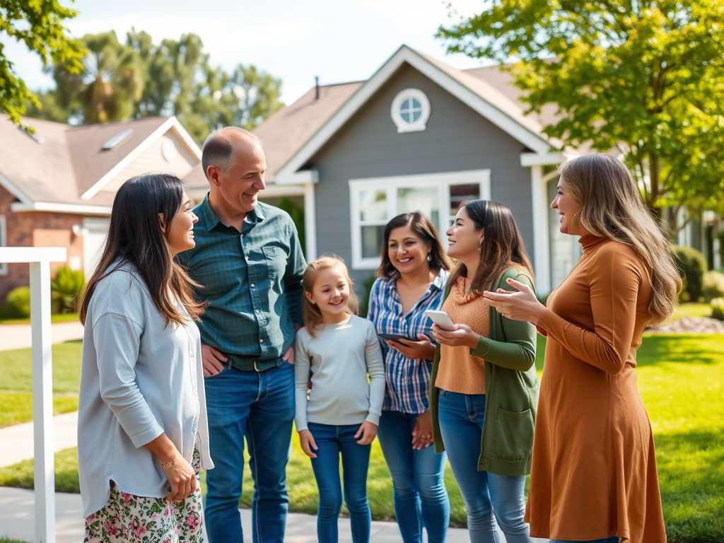 На улице группа людей общается и улыбается, рядом уютный дом и зеленая трава.